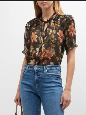 Paige Foral Sheer Silk Tie-Neck Short Sleeve Blouse - Size Lg